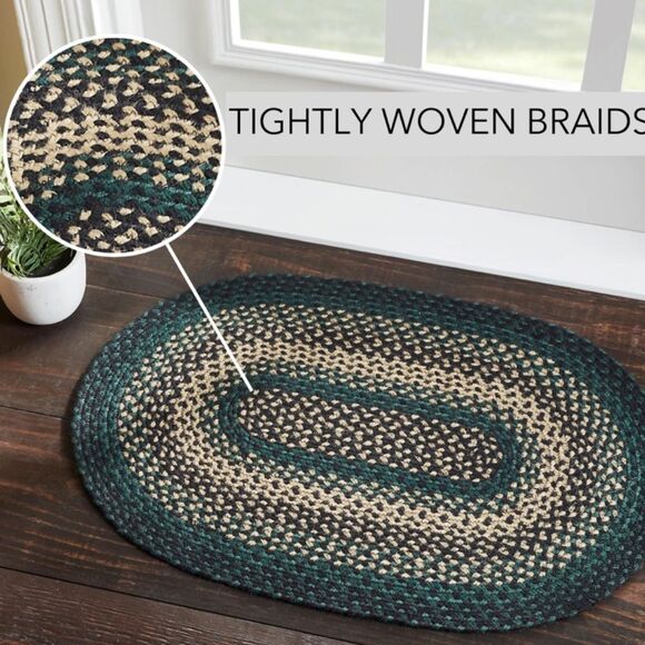 Farmhouse Jute Braided Oval Throw Rug Hunter Green Black Rustic Country Charm - Picture 3 of 5